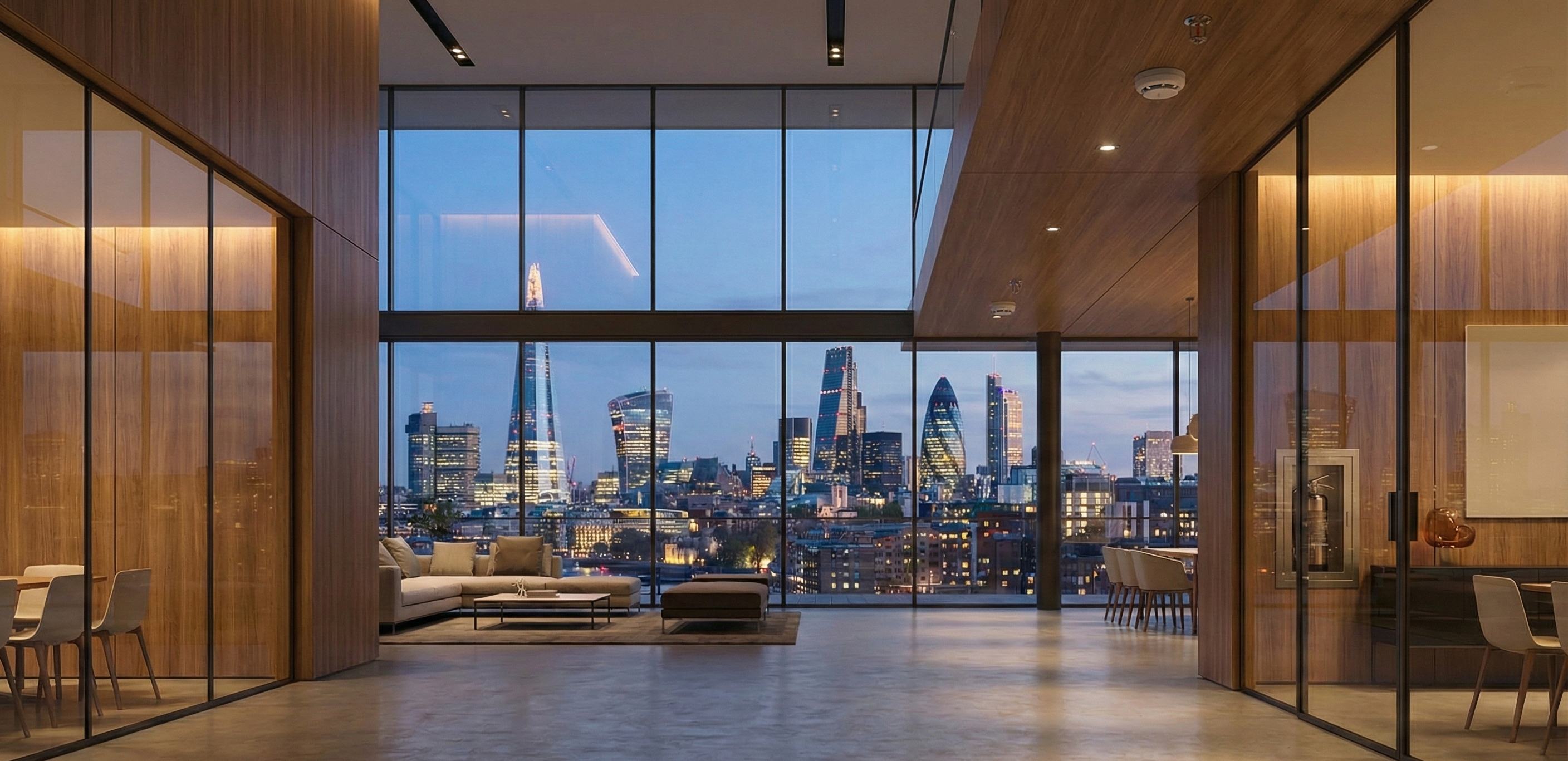 Luxury London property interior with city skyline view